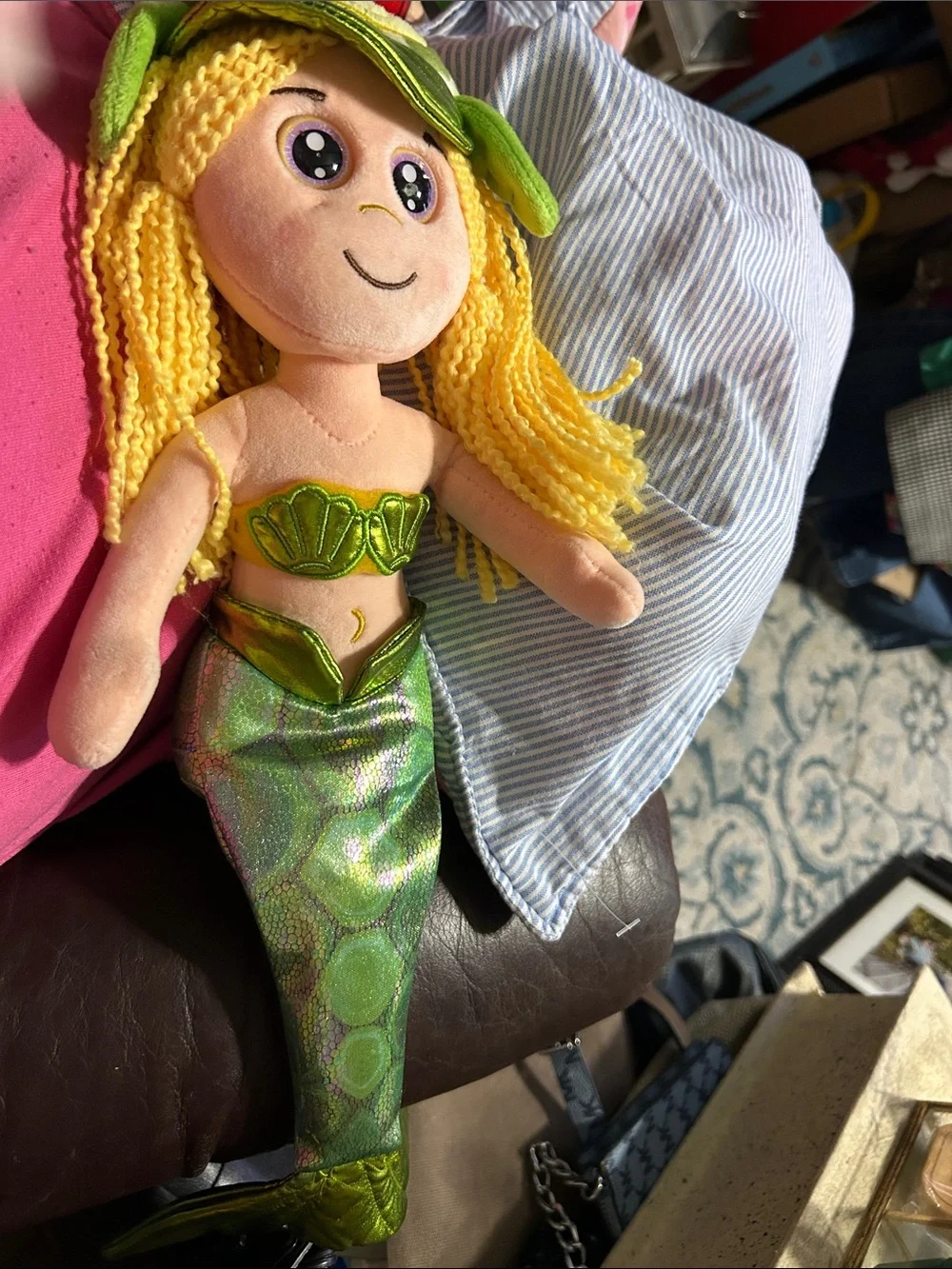 Big glassy eyes and Green scale legs and hat MERMAID doll. EUC